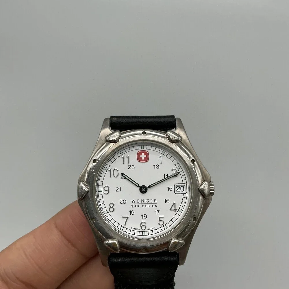 Wenger SAK Design Mens Watch 35mm Silver Tone Black Band Swiss New Battery